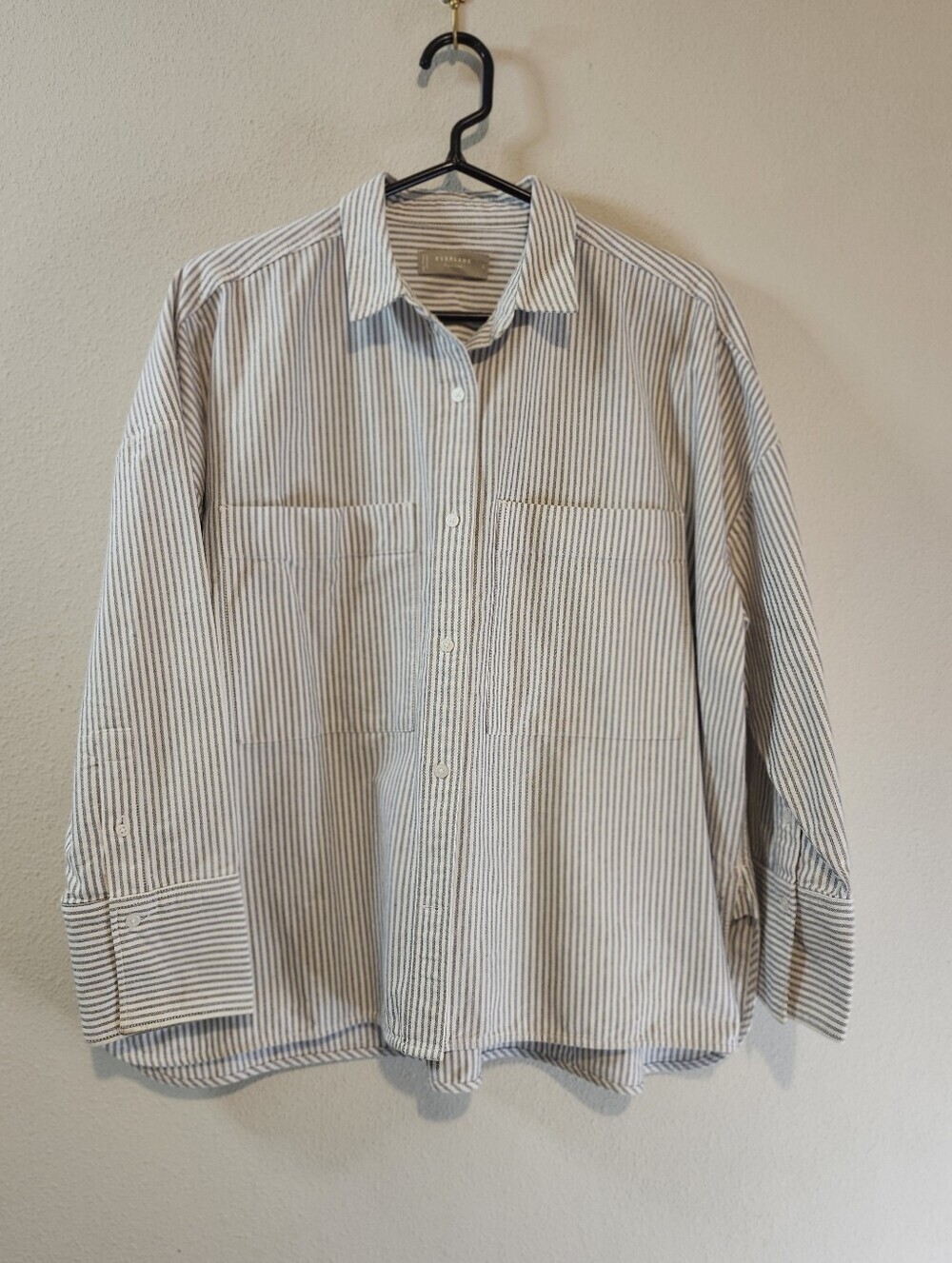 Everlane The Boxy Oxford Black And White Stripe 100% Organic Cotton Top Size L - Picture 8 of 12